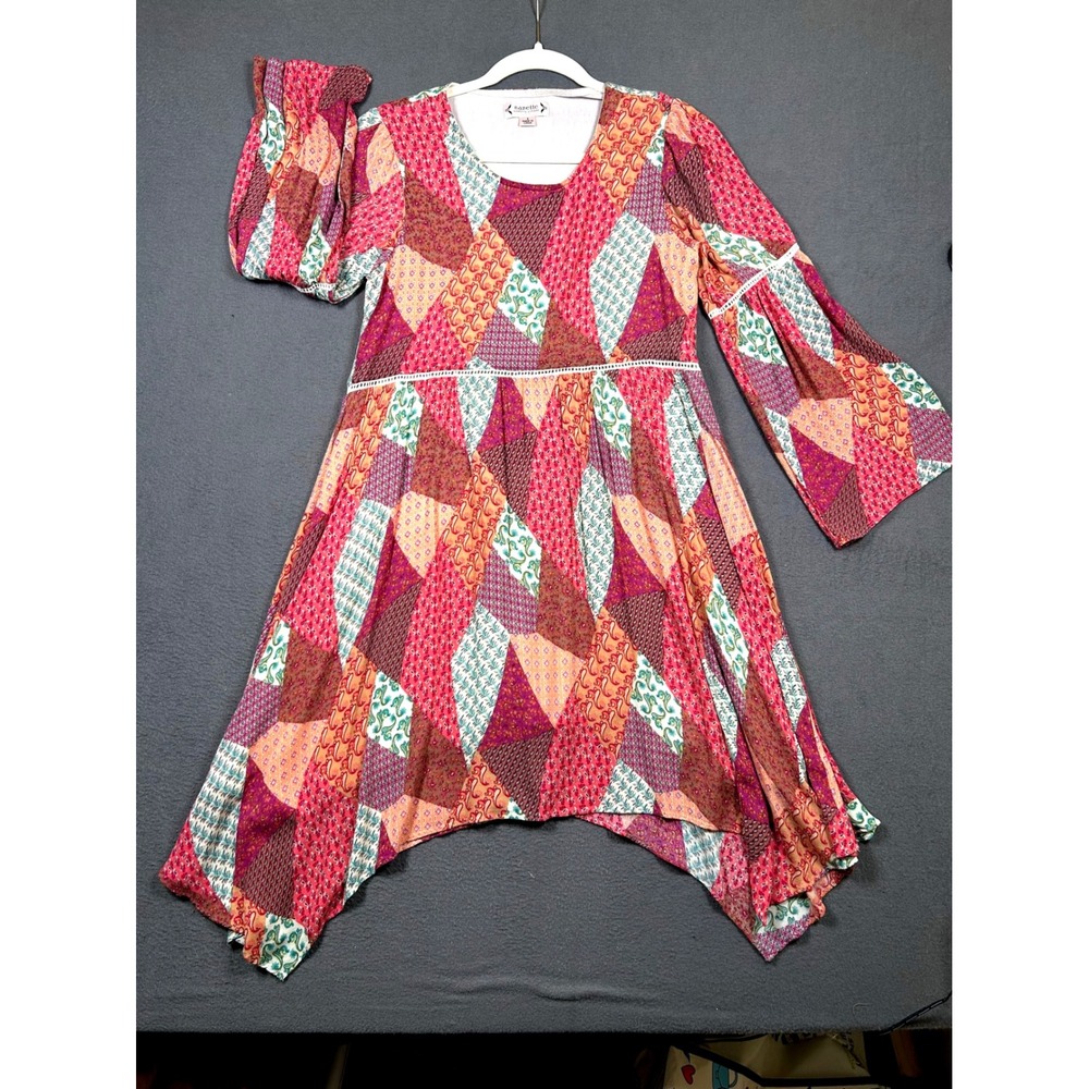 Nanette Lepore Dress Womens 4 Pink Patchwork Handkerchief Hem Boho Bell Sleeve